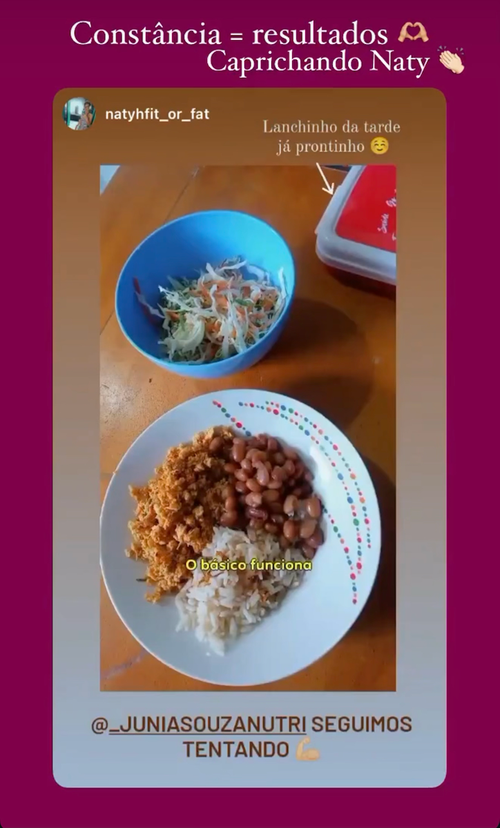 Story de paciente mostrando constância e resultado com acompanhamento nutricional